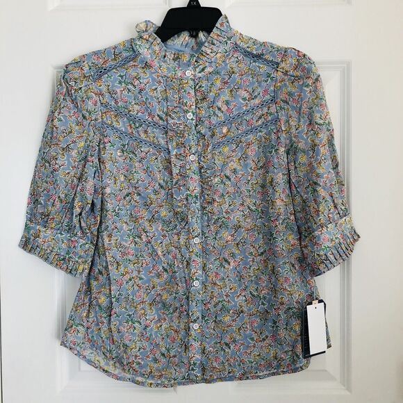 Democracy Women's Tops Ruffle Trim Floral Metallic Cotton 3/4 Sleeve Button up62 - Picture 2 of 6